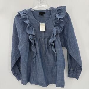 J CREW Womens Ruffle Cotton Blouse Size 00 Blue Pullover Cottagecore Coquette